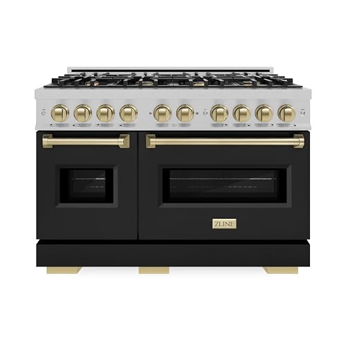 ZLINE Autograph Edition 48 in. 6.7 cu. ft. Classic Double Oven Dual Fuel Range with 8 Burner Gas Cooktop in Satin Stainless Steel with Black Matte Doors and Champagne Bronze Accents (CDRSZ-BLM-48-CB) | Amazon (US)