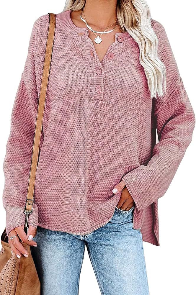 Cisisily Womens V Neck Long Sleeve Sweaters Casual Loose Fitted Solid Color Pullover Knitted Tops | Amazon (US)