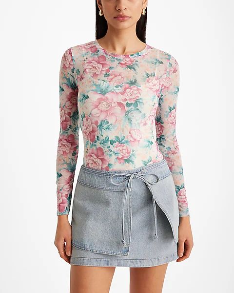 Fitted Mesh Floral Crew Neck Long Sleeve Bodysuit | Express