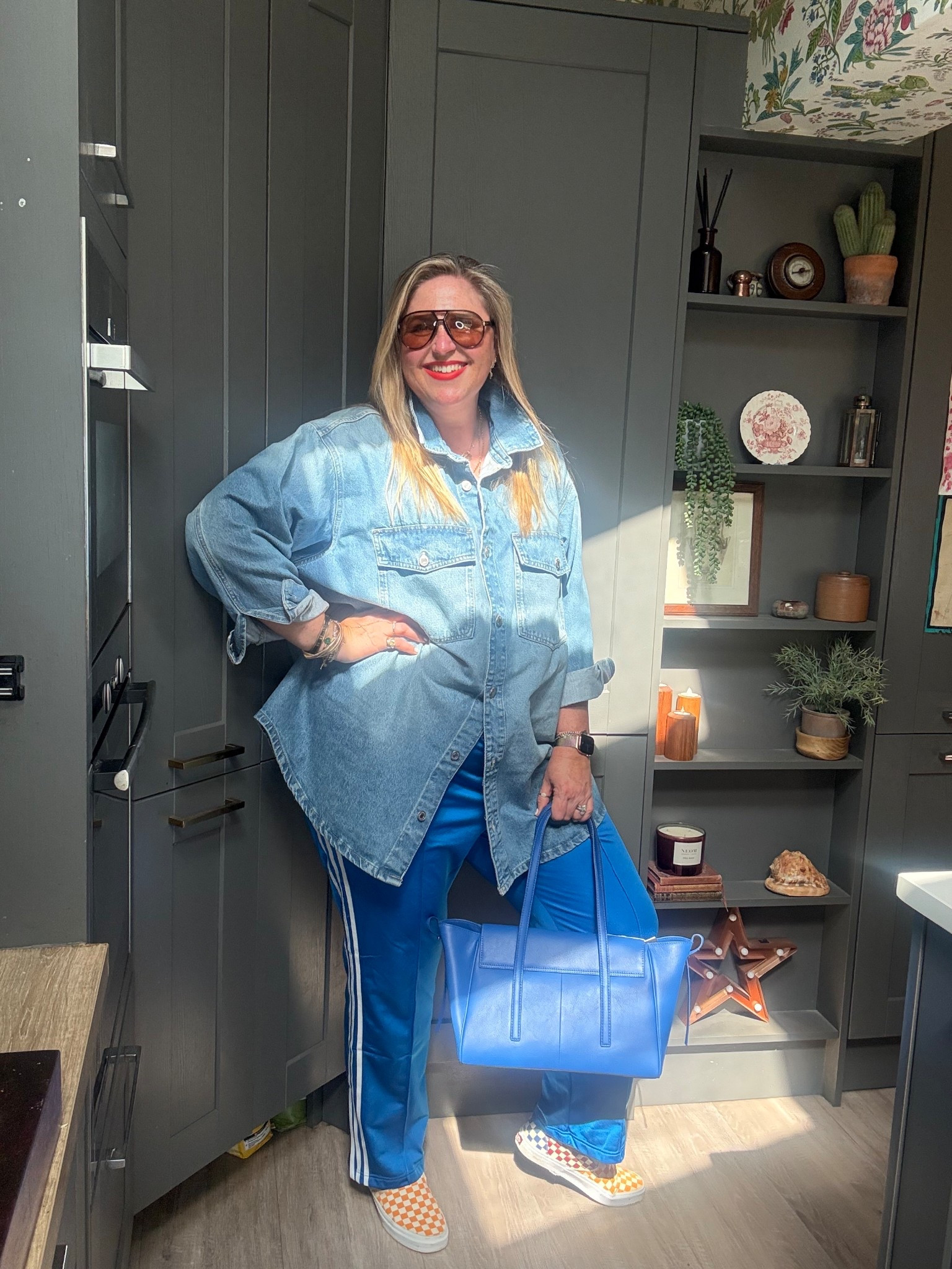 Denim shacket, blue adidas trackpants, blue tote bag, sunglasses, vans 

#LTKstyletip #LTKplussize #LTKspring
