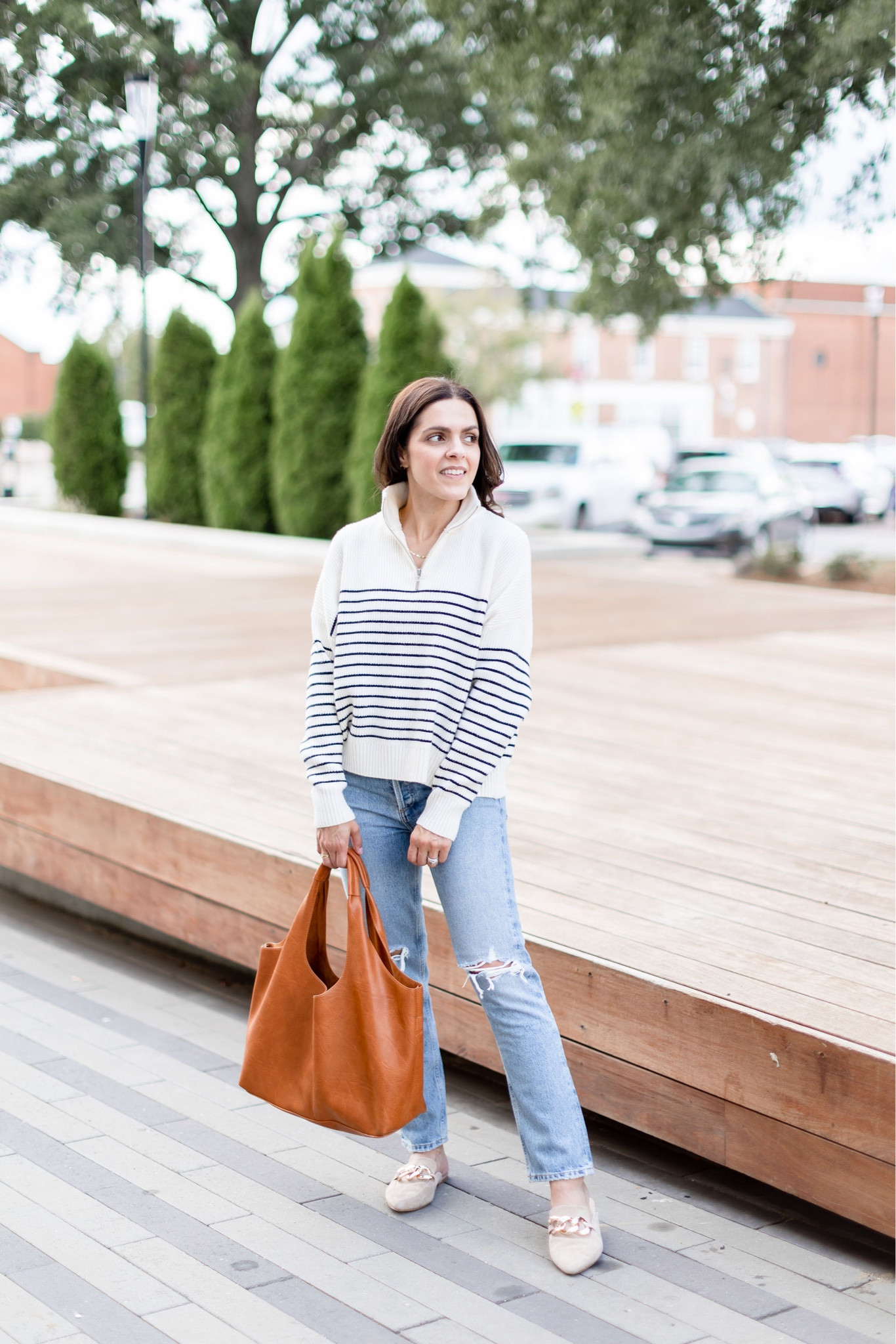 September mini capsule outfit idea: striped pullover, Agolde Riley distressed jean, chain mules, cognac tote 

#LTKstyletip