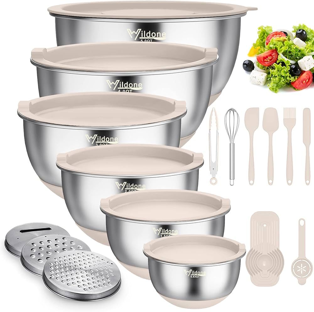 Wildone Mixing Bowls Set with Airtight Lids, 22 PCS Stainless Steel, 3 Grater Attachments, Measur... | Amazon (US)