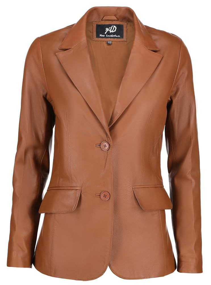 Jild Classic 2-Button Lambskin Leather Blazer Women - Casual Coat Long Sleeves Suit Style Leather... | Amazon (US)