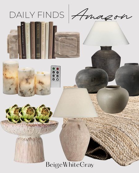 Amazon Home finds, these lamps are absolutely stunning! The on trend vases are amazing as well! And I love a woven textured rug, the book ends are perfect for shelving and the bowl is also a cute decorative accent. I love the flameless candles in the marble finish, and u have the super versatile artichokes. BeigeWhiteGray 

#LTKstyletip #LTKhome #LTKSeasonal