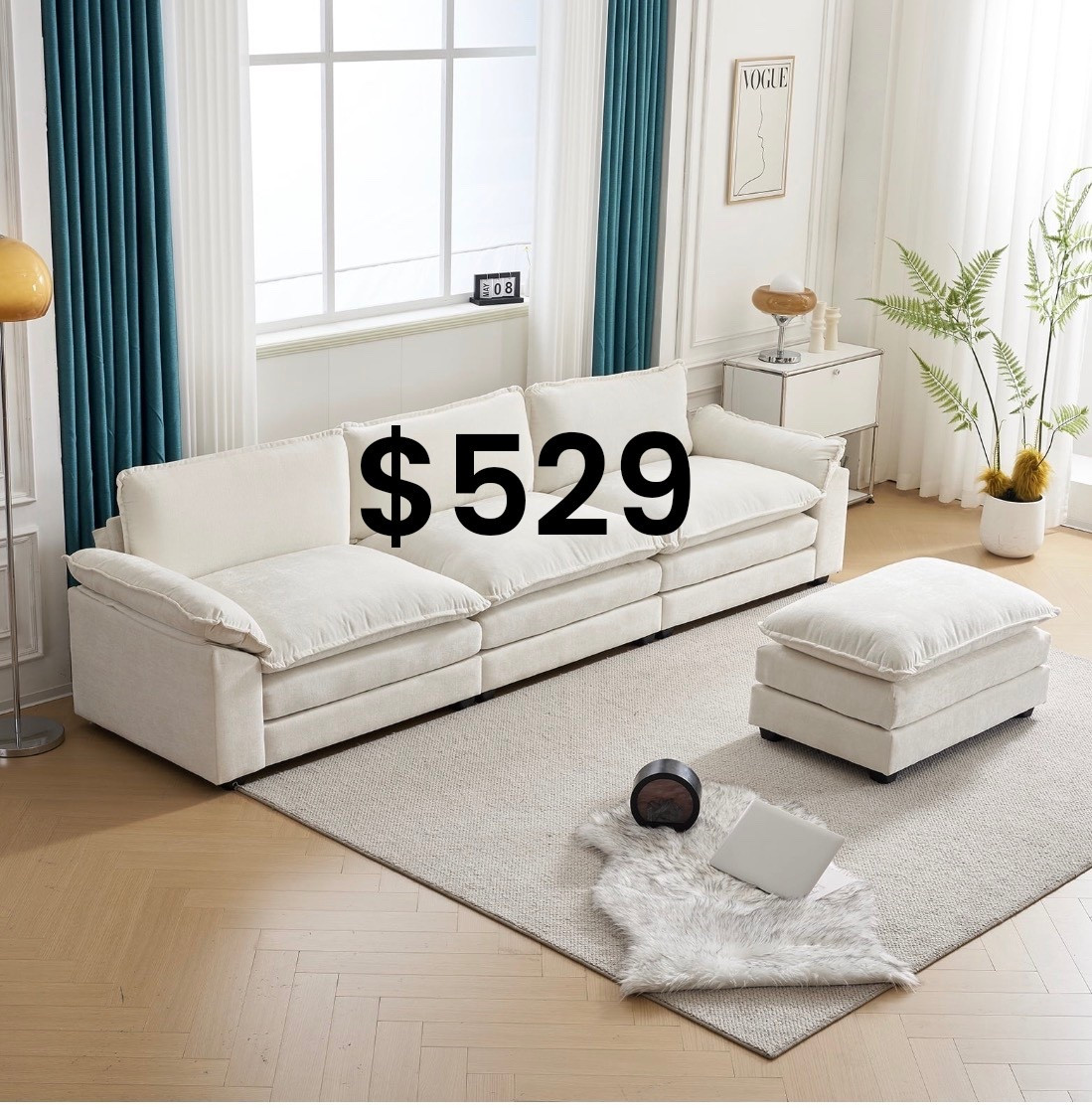 A bright, airy modern living room with a long oversized white cloud-style sofa and matching ottoman on a soft neutral rug. Tall windows flood the space with natural light, framed by teal velvet drapery and sheer white curtains. Minimalist decor with a chrome side table, sculptural lamp, and a single fern plant. Light oak herringbone floors, soft textures, cozy yet elevated atmosphere, Scandinavian meets quiet luxury aesthetic, editorial interior photography, high-end home design, neutral palette, serene, calm, elegant.

⸻

HASHTAGS (25)

#quietluxury
#modernlivingroom
#cloudcouch
#neutralhome
#scandinavianstyle
#interiorinspo
#homedecorideas
#luxuryinteriors
#minimalhome
#cozymodern
#designinspo
#homeaesthetic
#livingroomgoals
#softneutrals
#editorialhome
#modernclassic
#timelessinteriors
#lightandbright
#calmhome
#aestheticspaces
#homeinspiration
#stylishhome
#neutraldecor
#interiorstyling
#trendyhome



#LTKGiftGuide #LTKdayinmylife #LTKHoliday