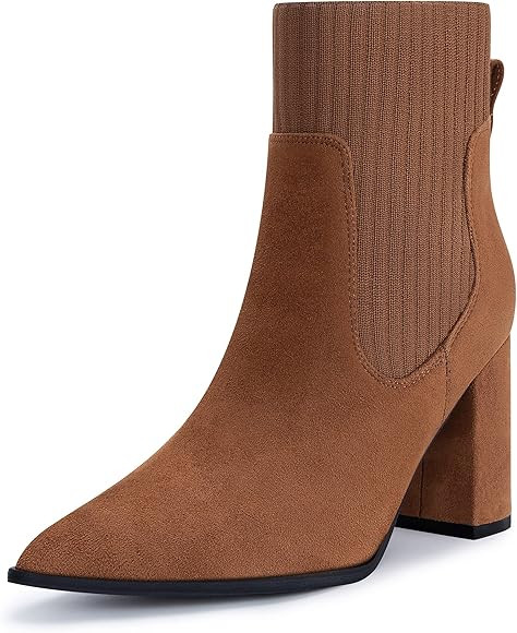 Women's Pointed Toe Ankle Boots Elastic Chunky High Heel Slip On Sock Booties | Amazon (US)