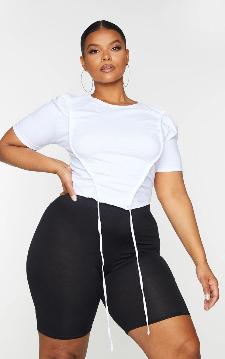 Plus White Ruching Tie Detail Short Sleeve Crop Top | PrettyLittleThing US