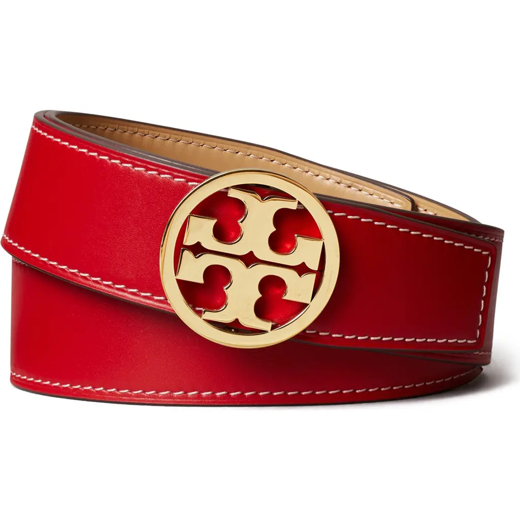 Tory Burch 1.5-Inch Miller Smooth Leather Reversible Logo Belt in Tory Red/Ginger/Gold at Nordstrom, Size X-Small | Nordstrom