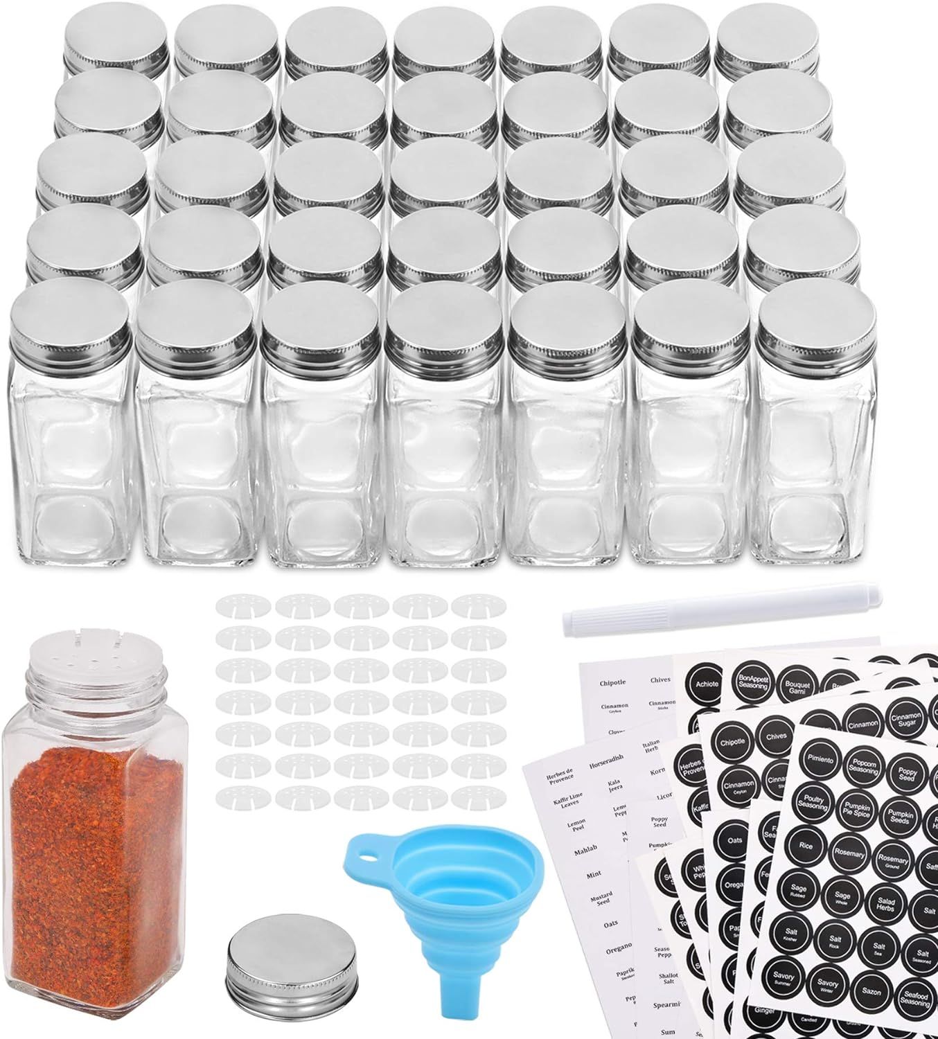 Aozita 36 Pcs Glass Spice Jars with 810 Spice Labels - 4oz Empty Square Spice Bottles - Shaker Li... | Amazon (US)