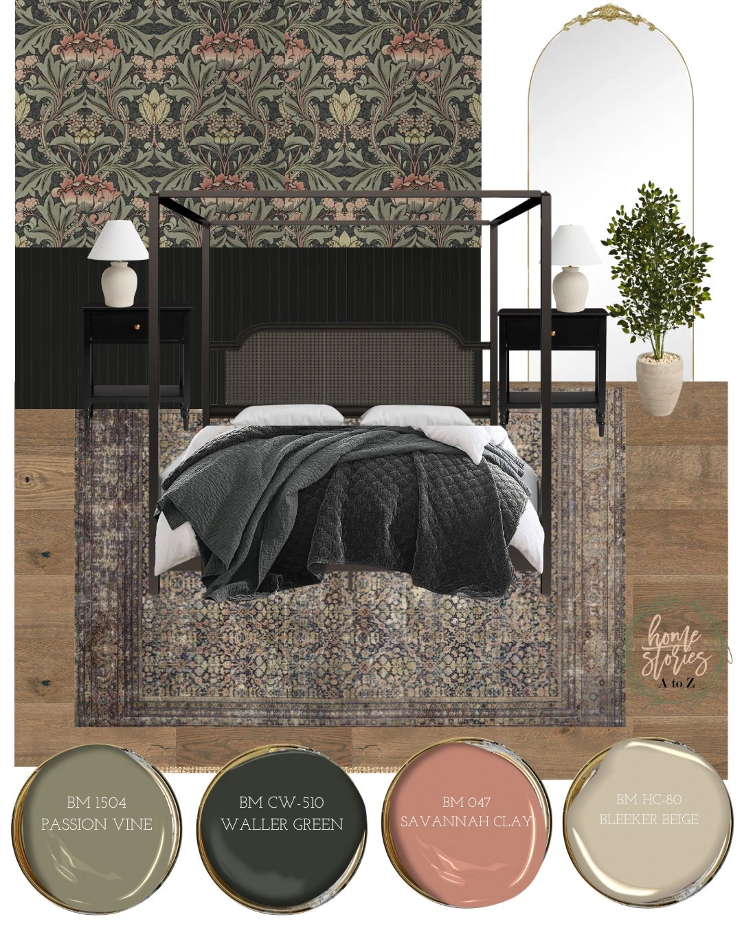 A rich and cozy bedroom design inspired by English cottage style with a vintage twist. The William Morris-style wallpaper creates a bold focal point, paired with black peel and stick beadboard wainscoting wallpaper for added depth. A aged bronze cane canopy bed adds texture and charm, grounded by warm wood floors and a muted Persian-style rug. The color palette features Benjamin Moore Passion Vine, Waller Green, Savannah Clay, and Bleeker Beige. Black nightstands, ivory table lamps, and a gold arched mirror complete the space with timeless appeal.  #CottagecoreBedroom #MoodyInteriors #BenjaminMoorePaint #BedroomMoodBoard #EnglishCottageStyle #VintageInspiredDecor #WayfairFinds 

#LTKHome