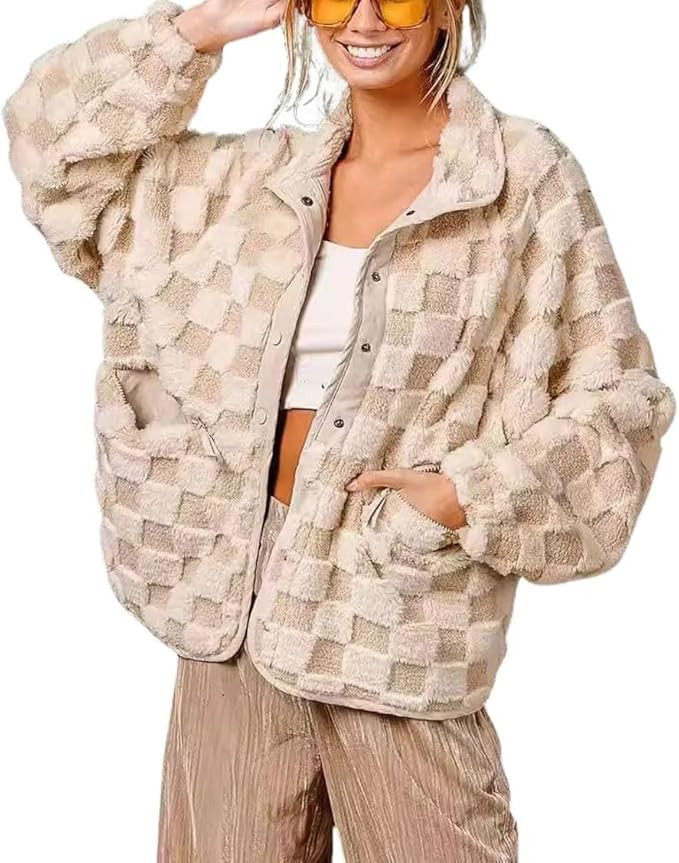 chouyatou Women Winter Casual Checkered Fleece Jacket Fuzzy Oversized Sherpa Jacket Shacket Faux ... | Amazon (US)