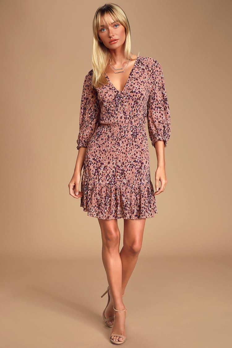 Parkside Mauve Multi Print Half-Sleeve V-Neck Mini Dress | Lulus (US)