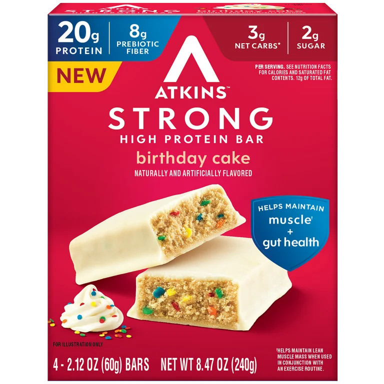 Atkins Strong High Protein Bar, Birthday Cake Flavored, 20g Protein, 4 Count | Walmart (US)