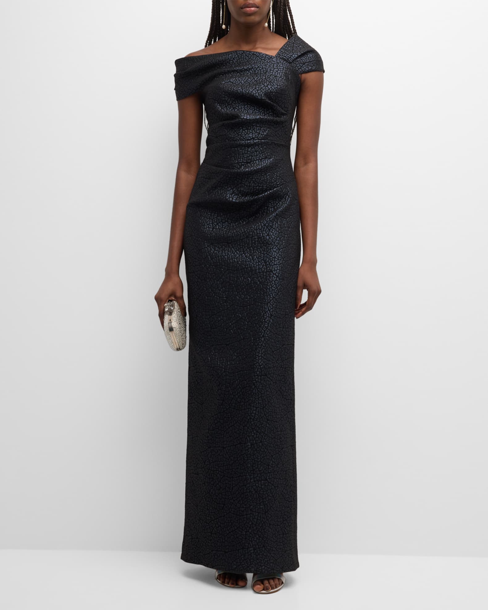 Asymmetric Metallic Jacquard Column Gown | Neiman Marcus
