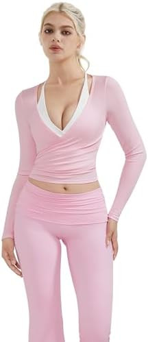 SUUKSESS Women Pilates Wrap Workout Cropped Top Ribbed Long Sleeve V Neck Tie Front Ballet Yoga S... | Amazon (US)