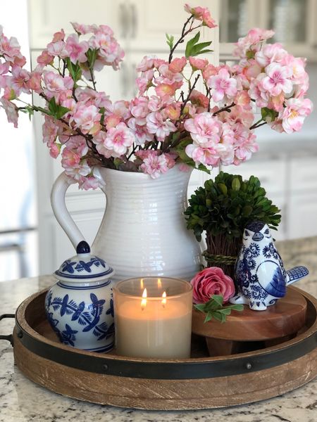 Spring tray decor with cherry blossoms and blue and white porcelain.

#LTKSeasonal #LTKhome #LTKstyletip