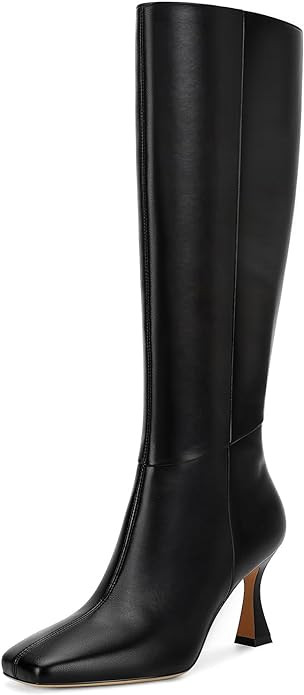 Dsevht Black Leather Knee High Boots for Women Stiletto Kitten Heeled Sexy Boots Square Toe and S... | Amazon (US)