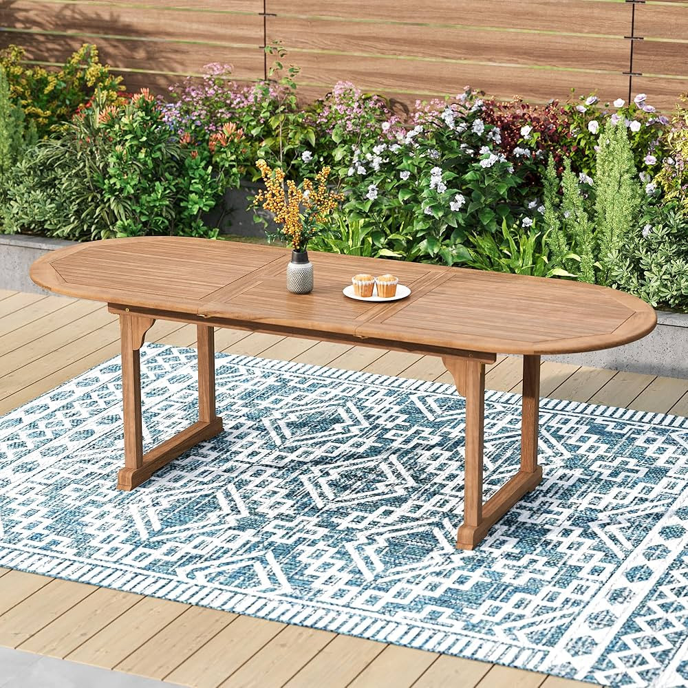 PHI VILLA Outdoor Acacia Wood Expandable Table for 6-8, Extendable Wooden Dining Table with Slat Design, Large Rectangular Farmhouse Dining Furniture for Patio, Deck, Porch, Backyard | Amazon (US)