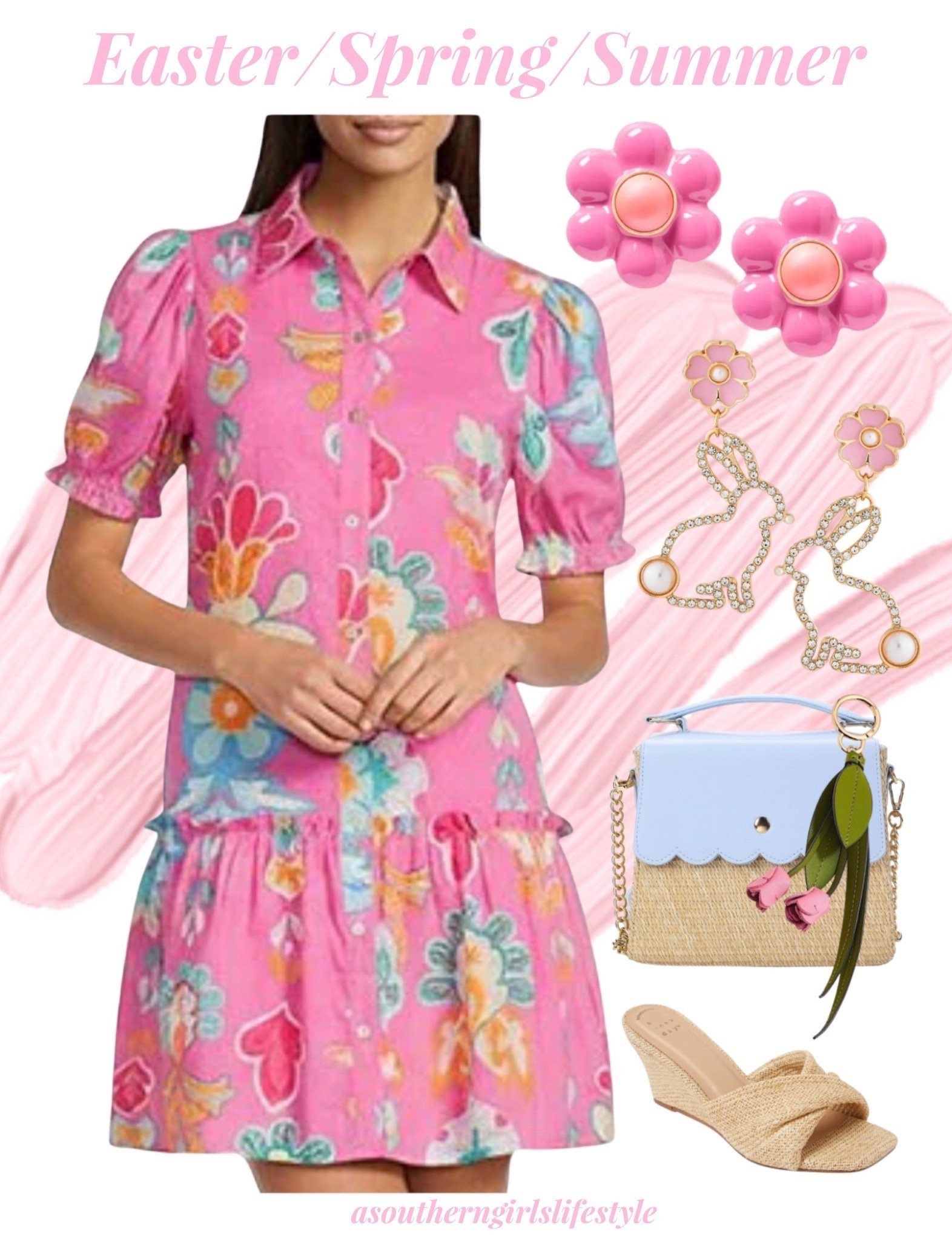 New Pink Dress Beauty from one of my favorites! Great for Spring Days, Easter & right through Summer!

Pink Floral Collared Button Up Shirt Mini Dress, Flower Puff Statement Earrings, Flower Bunny Rhinestone Earrings, Blue Scalloped Straw Purse, Flower Charm & Wedge Heels

Spring Outfits. Spring Dresses. Easter Dress. 

#LTKootd #LTKSeasonal #LTKspring