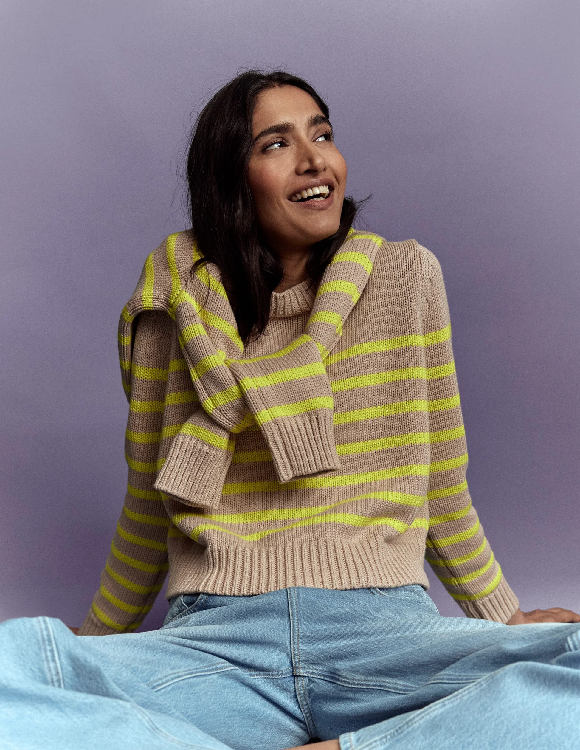 Lucy Chunky Cotton Sweater-Camel Melange, Neon Stripe | Boden (US)