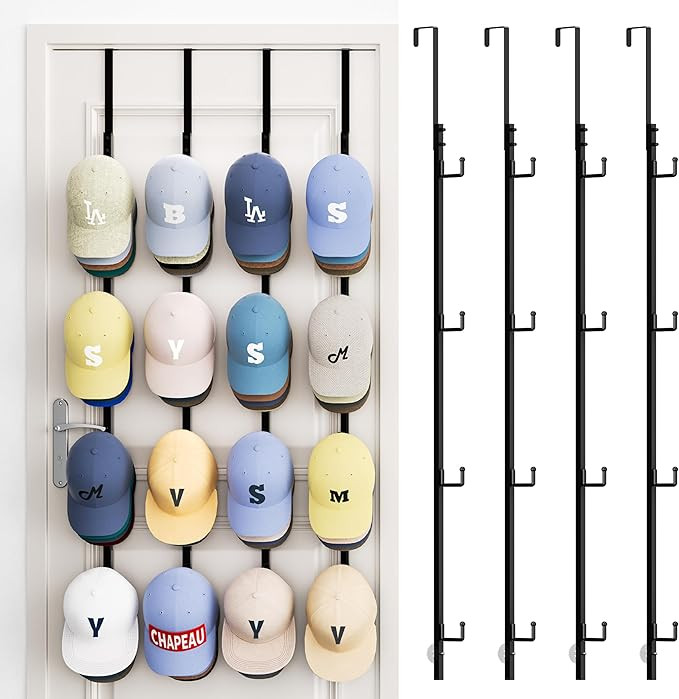 Over Door Hat Rack - 4 Packs Metal Hanging Hat Organizer with 16 Hooks Design, Baseball Cap Hange... | Amazon (US)
