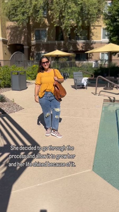 Mustard yellow peasant top. Patched ripped jeans. Lilac sneakers. Leather tote. 

#LTKSeasonal #LTKVideo #LTKitbag