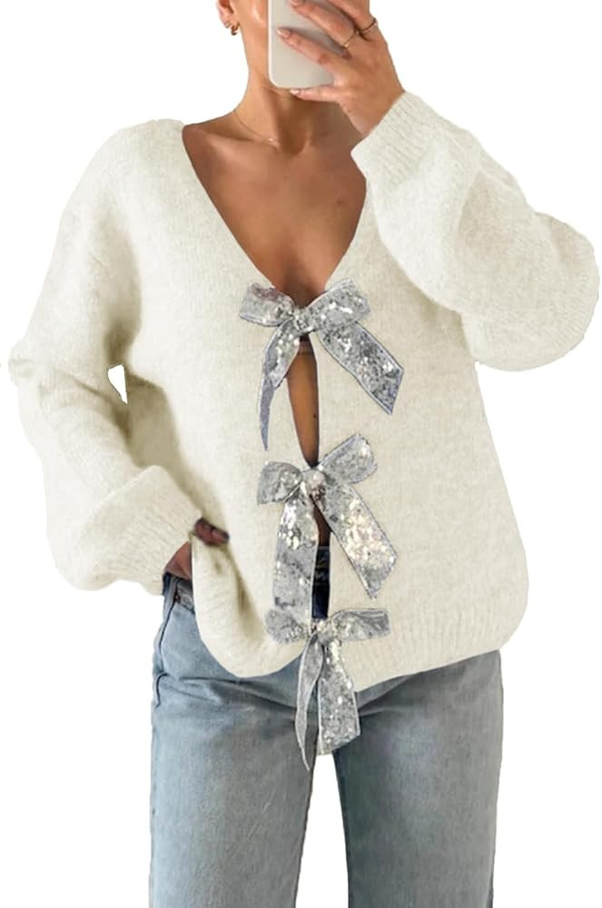 Womens V Neck Long Sleeve Sweaters Fall Trendy Sequin Bow Sexy Loose Knit Pullover Jumper Tops | Amazon (US)