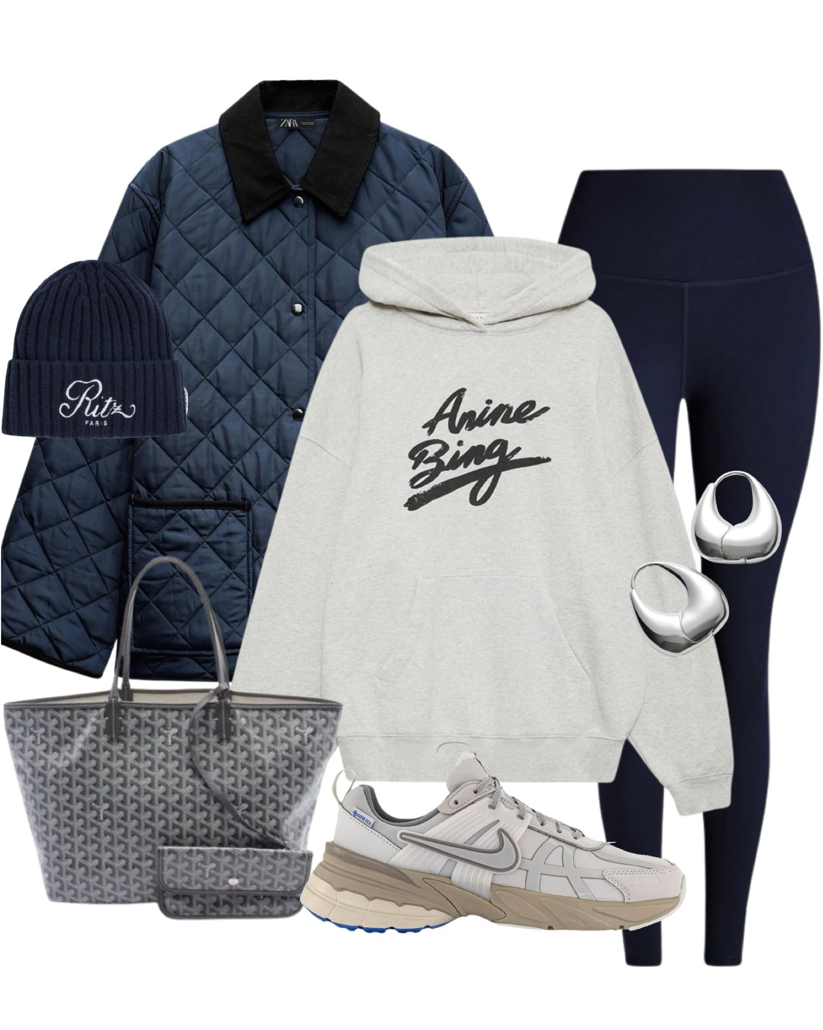 Navy quilted jacket, Anine Bing hoodie, navy leggings, Nike trainers, Ritz Paris beanie, silver earrings, Tory Burch tote bag, Nike trainers 

#LTKeurope #LTKshoes #LTKstyletip