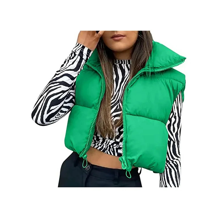 CenturyX Women Winter Warm Crop Waistcoat Sleeveless Stand Collar Double Sided Lightweight Puffer... | Walmart (US)