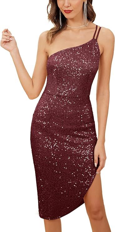 Amazon.com: Kate Kasin Women's Sexy Sequin Sparkly Glitter Party Club Dress One Shoulder Spaghett... | Amazon (US)