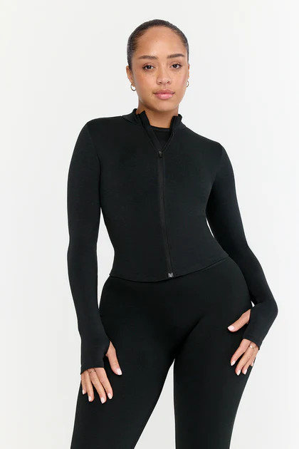 SCULPT SEAMLESS RIBBED ZIP THROUGH JACKET- BLACK MARL | TALA (UK)