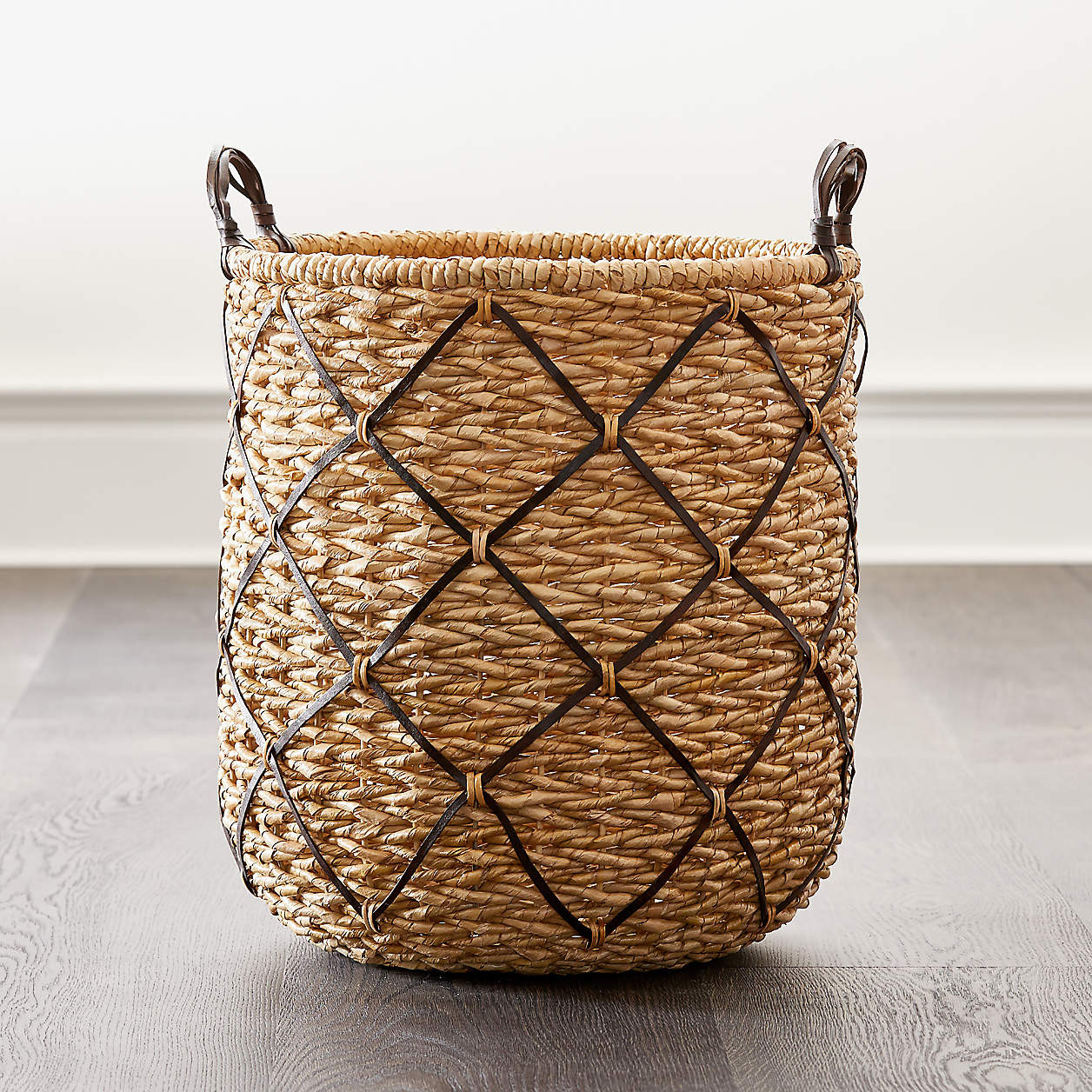 Emory Large Brown Leather-Handle Basket + Reviews | Crate & Barrel | Crate & Barrel