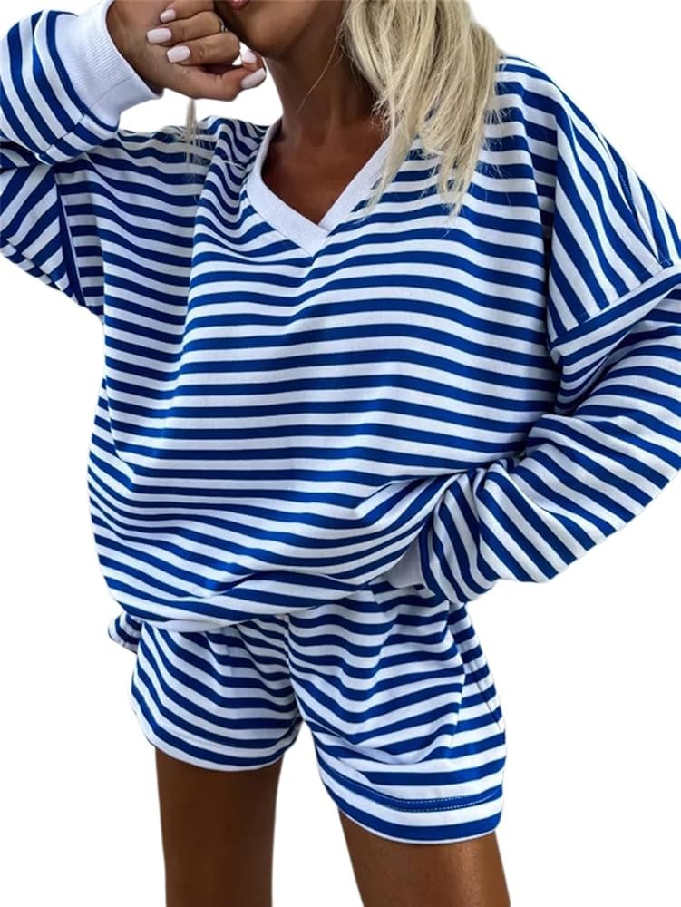 Melliflo Women 2 Piece Outfits Lounge Sets Striped Print Long Sleeve V Neck Sweatshirt and Shorts... | Amazon (US)