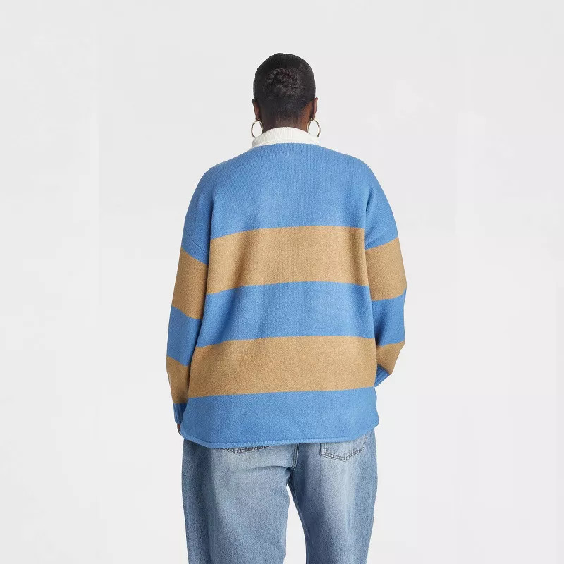 KBB by KAHLANA Women's Long Sleeve 'The Crys Rugby Shirt' - Blue/Camel Striped XS | Target