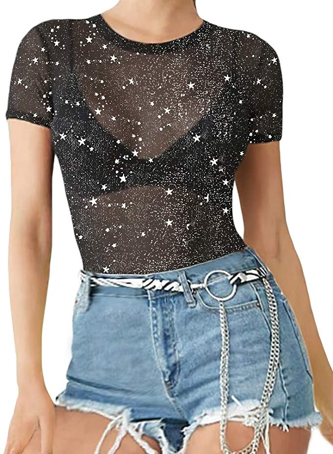MANGOPOP Women's Long Sleeve Short Sleeve Glitter Sheer Mesh Tops T Shirt Blouse Clubwear | Amazon (US)