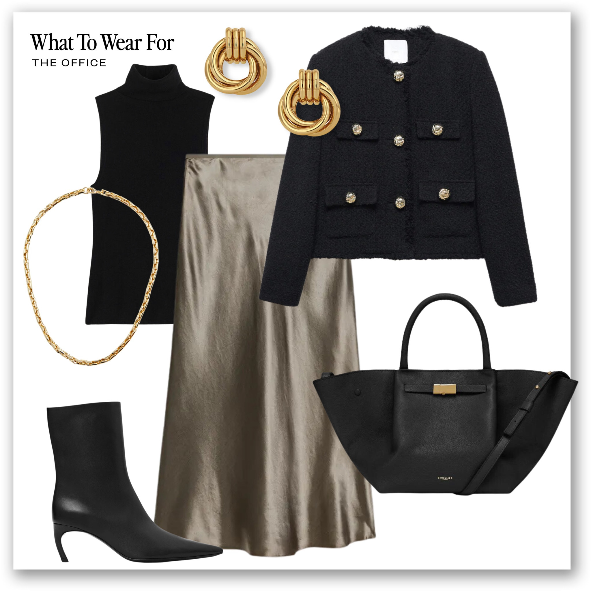Office outfit inspo

Satin midi skirt, black blazer, heeled boots, demellier tote bag, workwear 

#LTKworkwear #LTKSeasonal #LTKstyletip