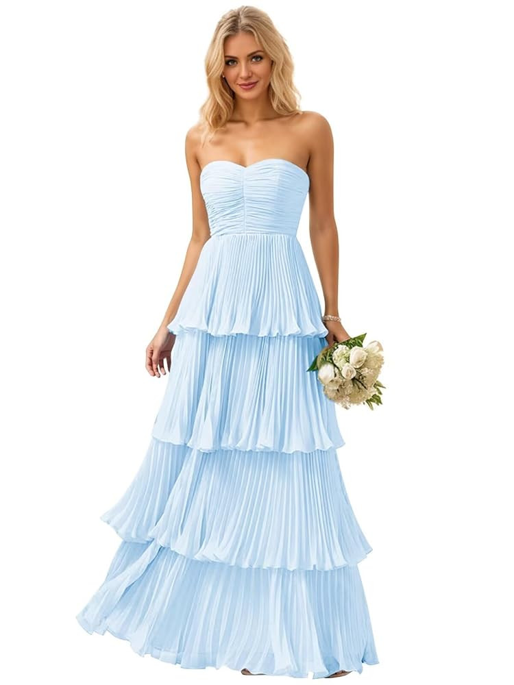 Strapless Ruffle Prom Dresses for Women Long Flowy Tiered Chiffon Formal Evening Gowns | Amazon (US)