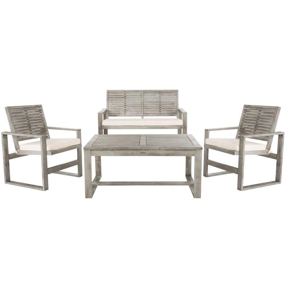Ozark Grey Wash 4-Piece Wood Patio Conversation Set with Beige Cushions | The Home Depot