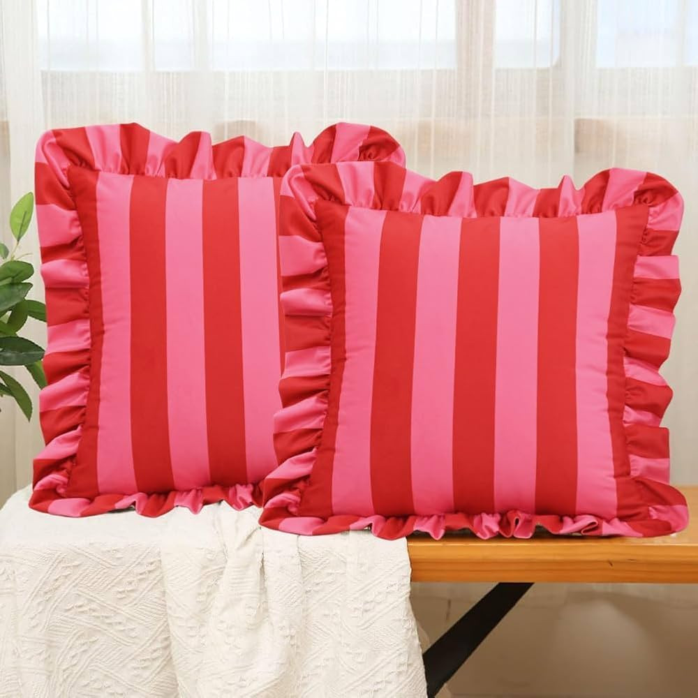 vctops Ruffle Lumbar Throw Pillow Covers Boho Pink and Red Striped Decorative Pillowcases Set of ... | Amazon (US)