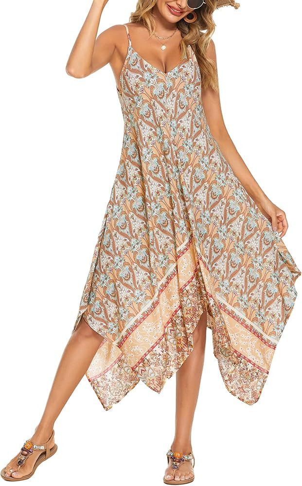 Chigant Women's 2024 Summer Dress Casual Boho Sundress Spaghetti Strap Swimwear Cover Up Beach Fl... | Amazon (US)