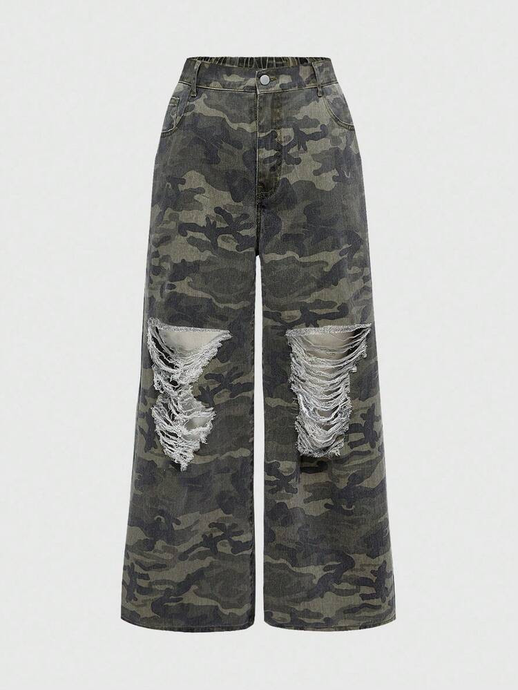 ROMWE Grunge Punk Plus Size Kpop Distressed Vintage Camouflage Print Wide Leg Jeans | SHEIN