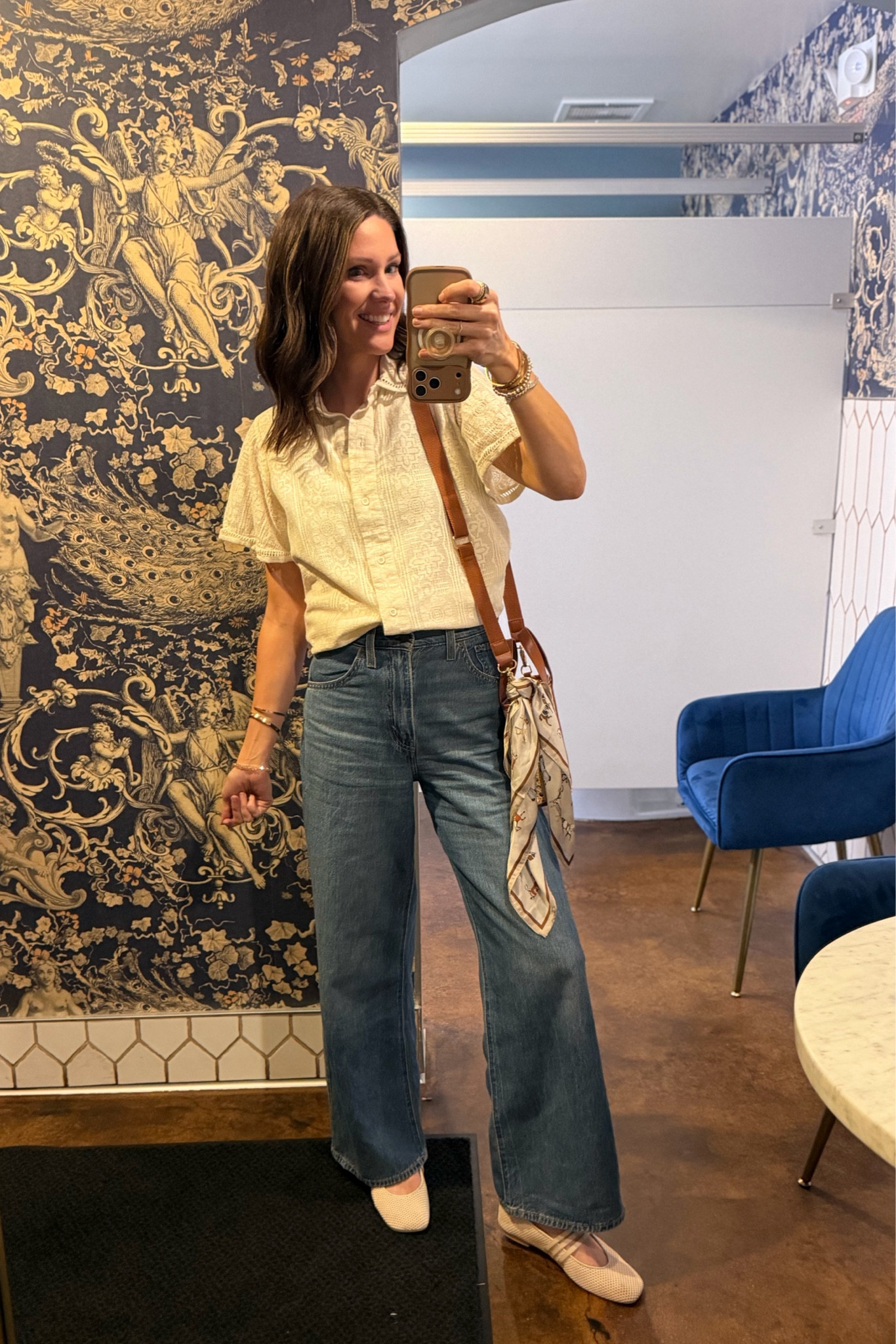 Shirt is folded up and then tucked into the back to make it cropped and structured. Could be worn full sized and open as a bathing suit cover up. It’s def oversized. I’m in a small. 

Jeans are the Levi’s cinch waist. So flattering. I’m in true size. Note for my tall girlies, I am 5’9 and they sit about 1/2” short on me with flats. 

#LTKootd #LTKOver40 #LTKdayinmylife