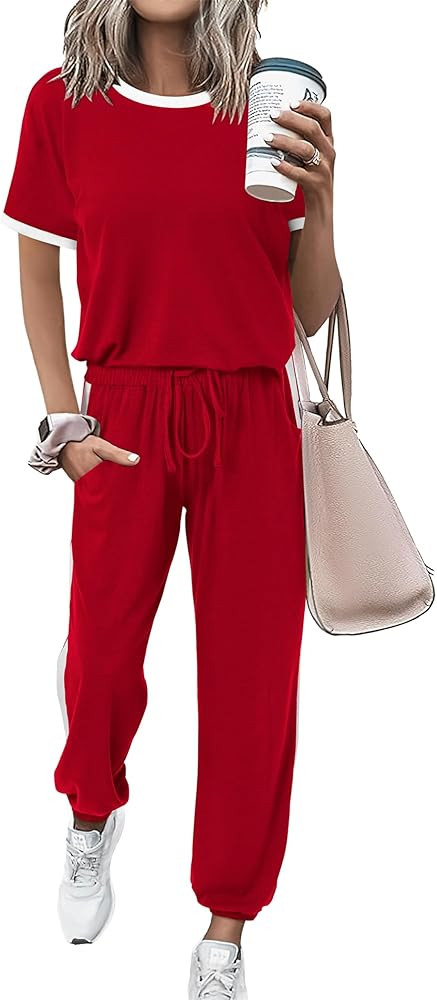 MASCOMODA Womens 2 Piece Outfits 2026 Summer Tracksuit Sets Short Sleeve Tops Travel Long Pants J... | Amazon (US)
