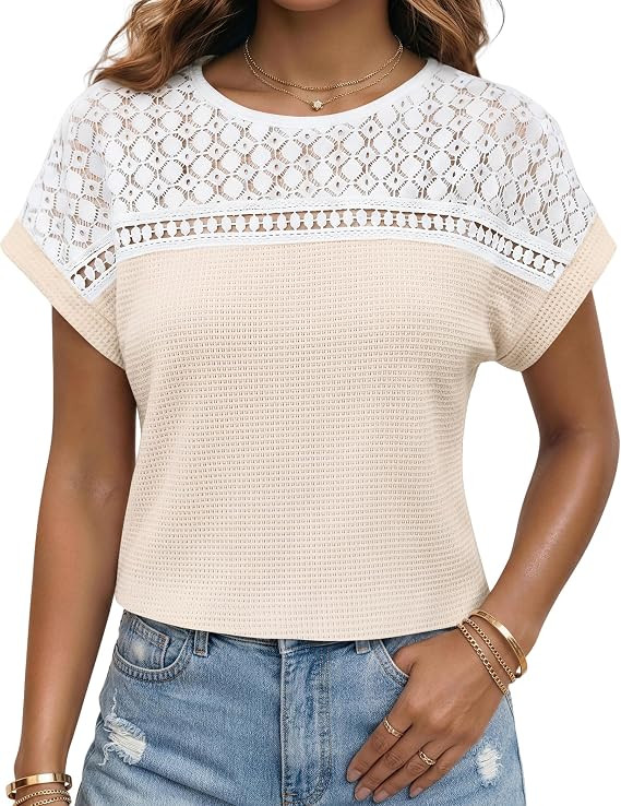 Womens Waffle Knit Tops Short Sleeve Hollow Out Shirts Loose Fit Casual Summer Tops Dressy Busine... | Amazon (US)