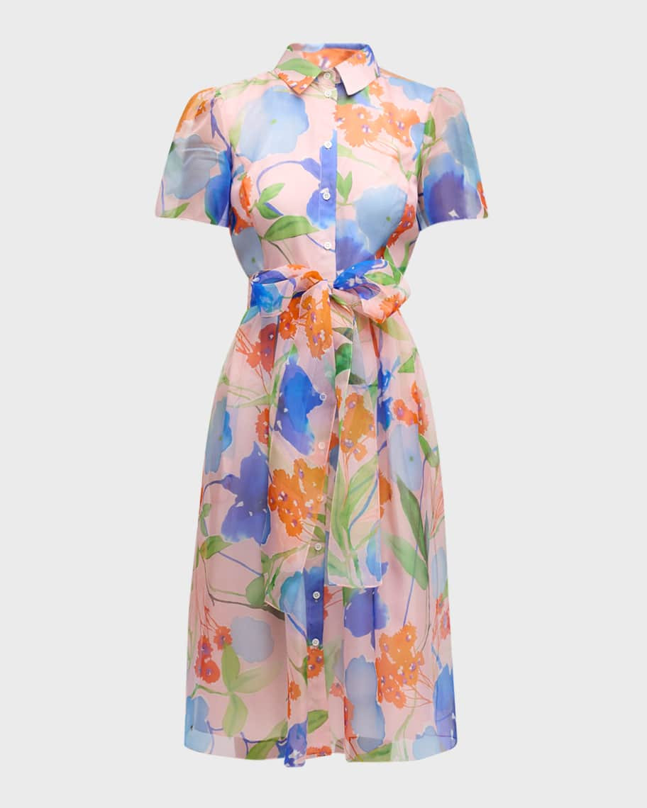 Carolina Herrera Button-Front Floral-Print Midi Dress with Tie Belt | Neiman Marcus