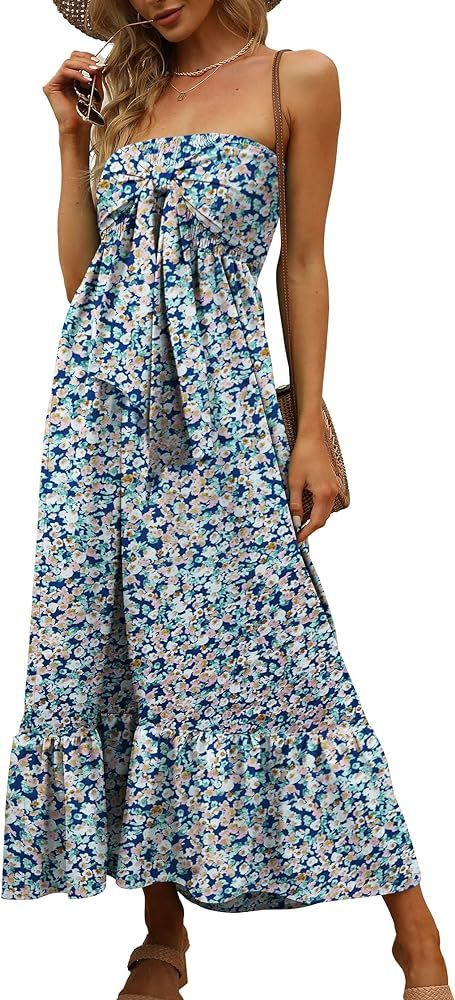Aifer Womens Strapless Off The Shoulder Maxi Dresses Summer Bohemian Boho Floral Tube Top Ruffled Be | Amazon (US)
