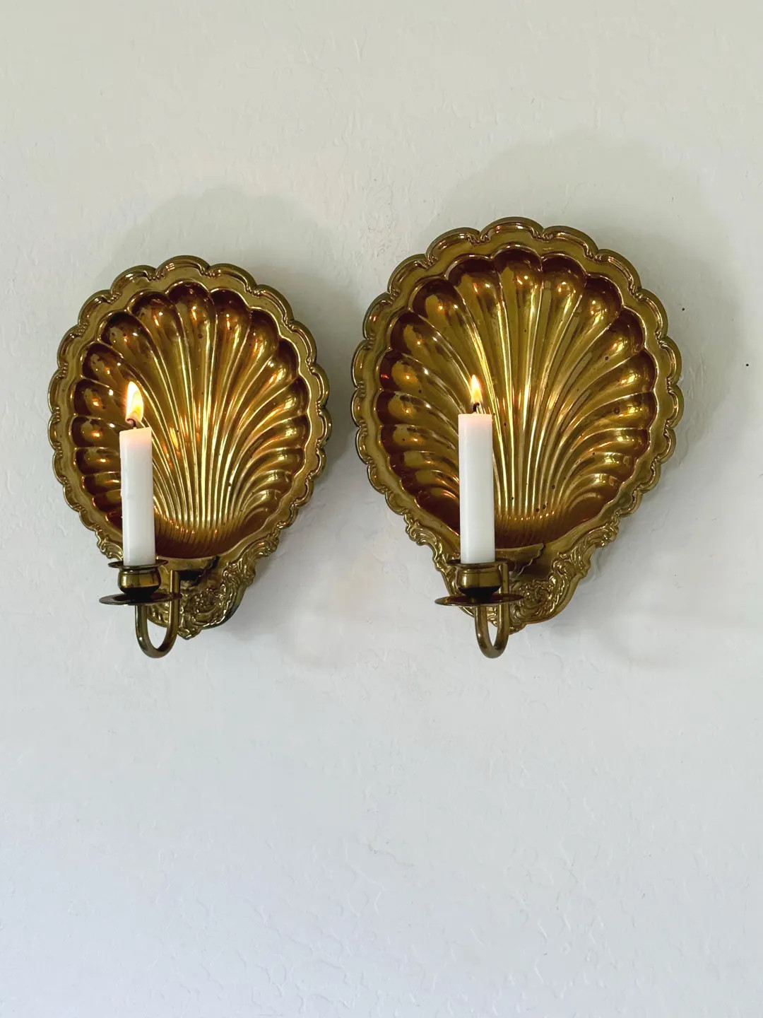 Vintage Solid Brass Mid Century Single Arm Candle Sconces Shell Candle Wall Hanging Taper Candles... | Etsy (US)