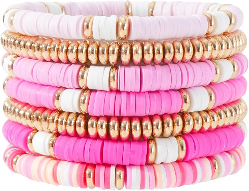Summer Surfer Heishi Bracelet Set for Women Stackable Gold Plated Clay Ploymer Bead Stretch Pink ... | Amazon (US)