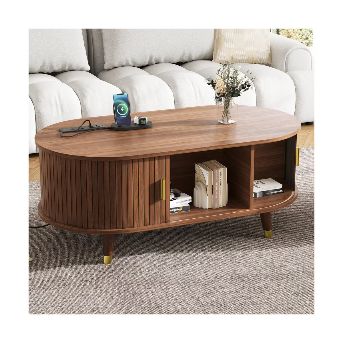 Whisen Wooden TV Stand with Sliding Tambour Door & Golden Handle, Oval Fluted Design, Charging St... | Target
