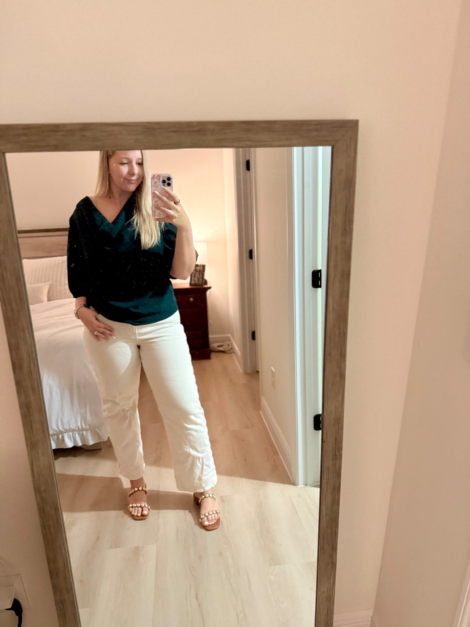 Effortless work outfit with a draped green blouse, white curvy jeans & gold sandals

#LTKdayinmylife #LTKgrwm #LTKootd
